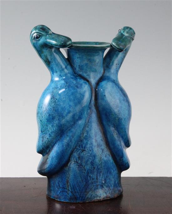 A Chinese turquoise glazed twin duck vase, early 20th century, 23.5cm